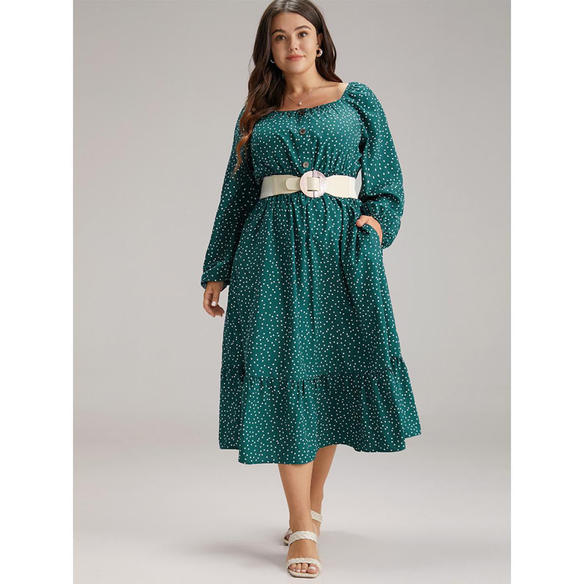 Plus Size Polka Dot Square Neck Shirred Button Detail Dress Teal Women Elegant Elastic cuffs Square Neck Long Sleeve Curvy Midi Dress BloomChic 30/6X Product Image