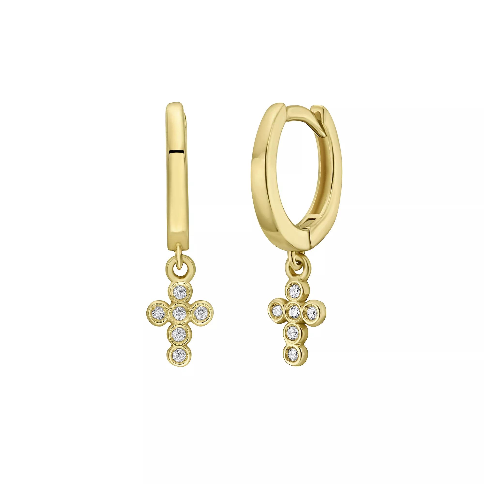 14k Gold Diamond Cross Hoop Earrings, Women's Product Image