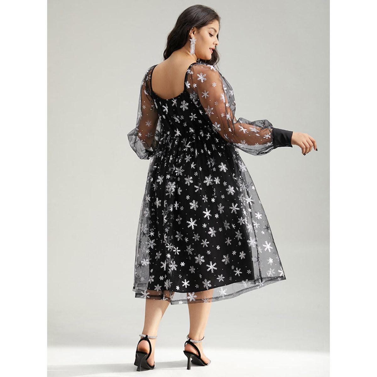 Plus Size Christmas Snowflake Glitter Mesh Square Neck Dress Black Women Party Gathered Square Neck Long Sleeve Curvy Midi Dress BloomChic 12/L Product Image