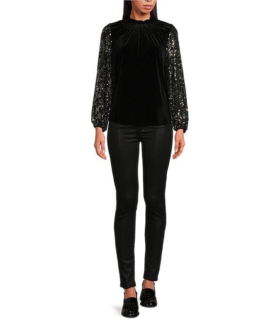 Sugarlips Destine City Michelle Velvet Leopard Sequin Mock Neck Long Sleeve Top Product Image