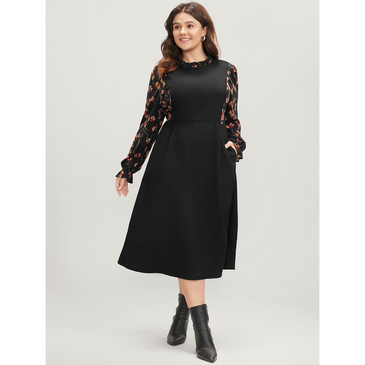 Plus Size Floral Patchwork Ruffle Trim Pocket Zipper Dress Black Women Elegant Zipper Stand-up collar Long Sleeve Curvy Midi Dress BloomChic 12/L Product Image