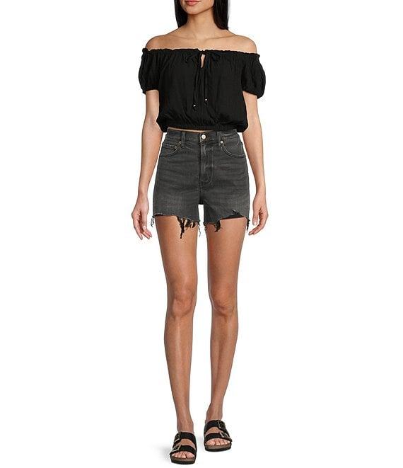 Daze The Knockout Distressed Frayed Hem High Rise Denim Shorts Product Image