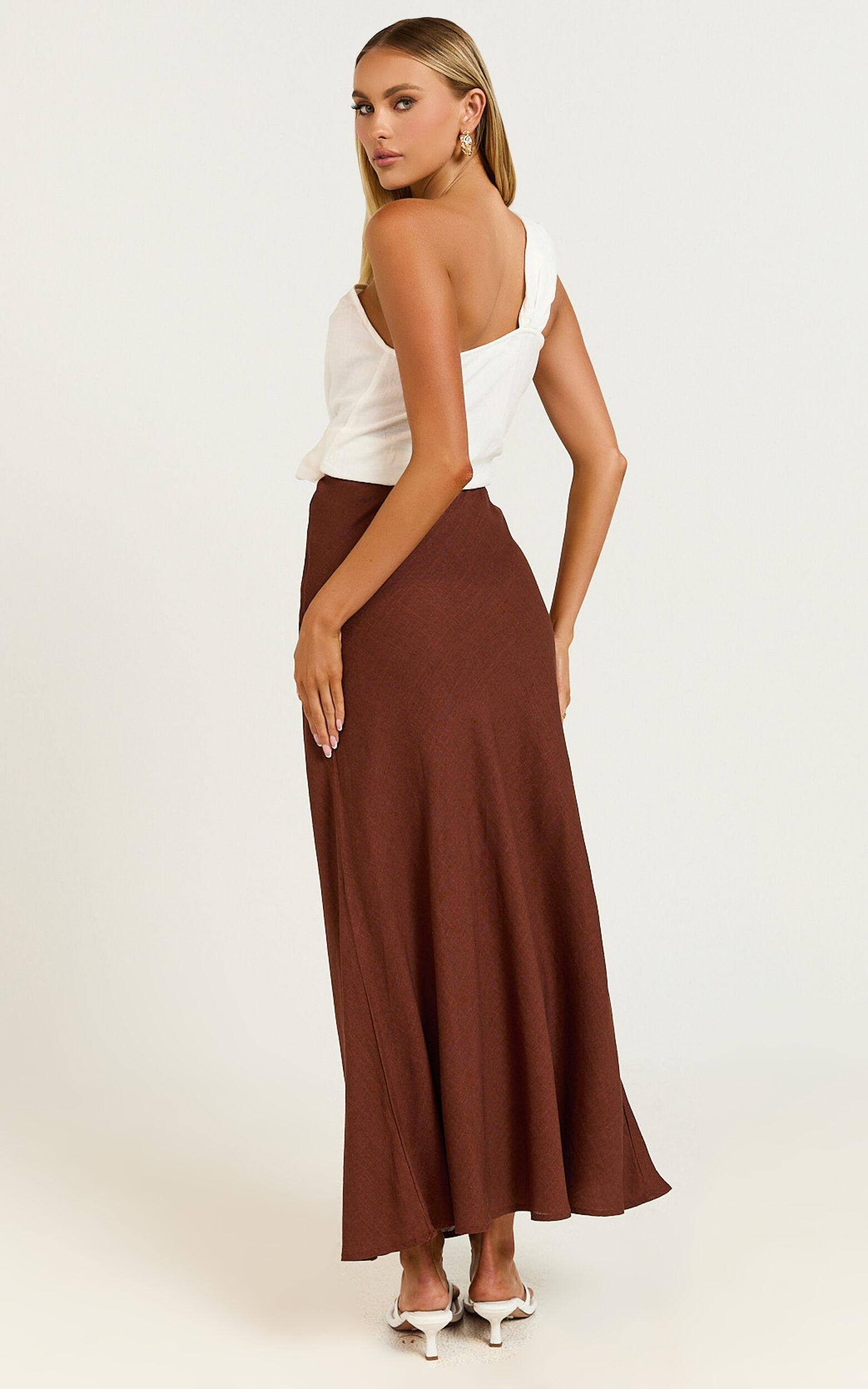 Collins Midi Skirt - Linen Look High Waisted Linen Look Bias Slip Skirt in Chocolate Product Image