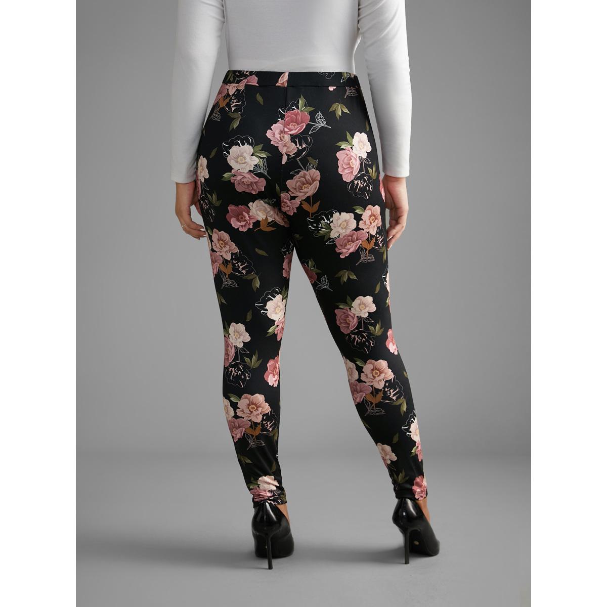 Plus Size Floral Mid Rise Skinny Leggings Women BlackFlower Elegant Medium stretch Skinny Mid Rise Everyday Leggings BloomChic 14-16/1X Product Image