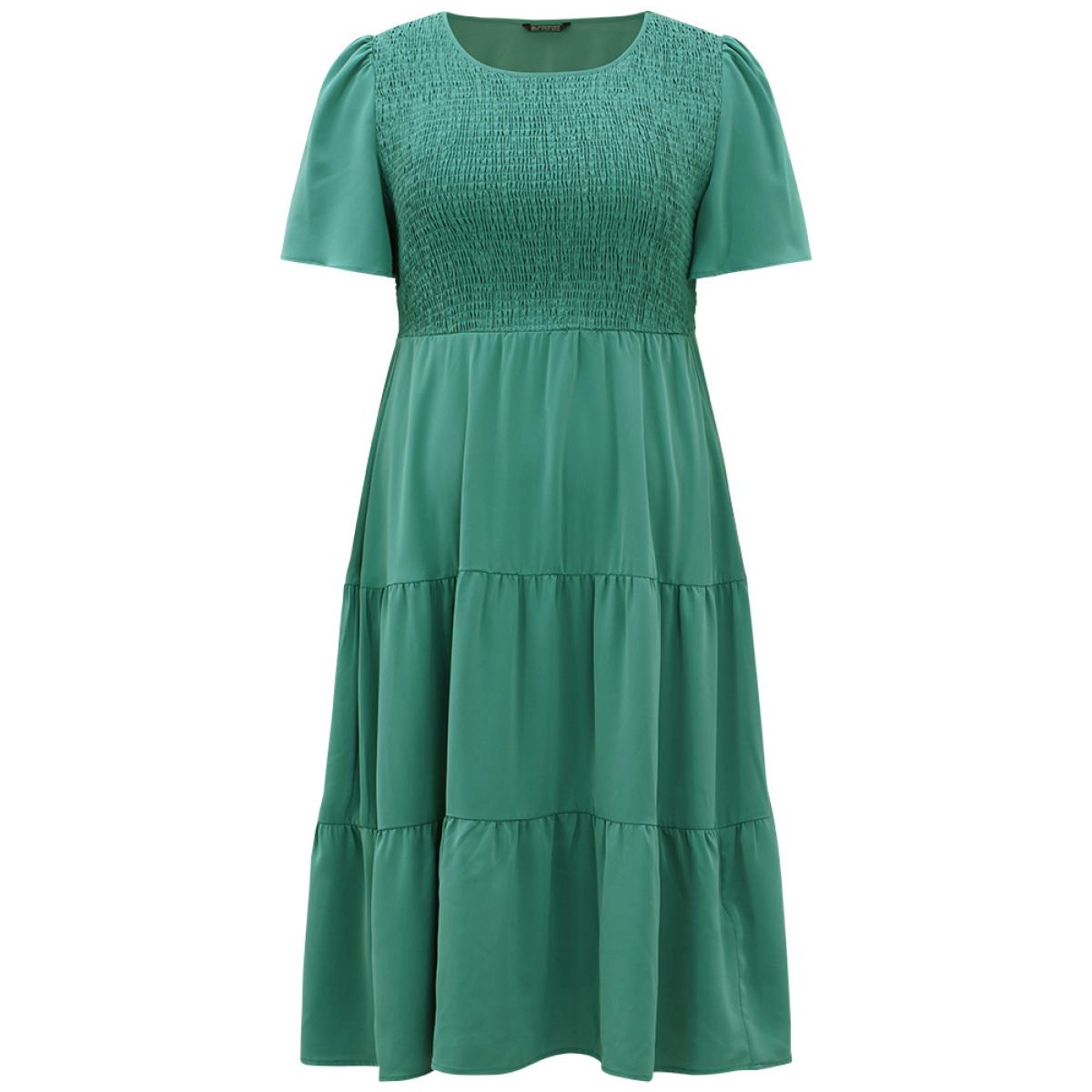 Plus Size Solid Shirred Pocket Layered Hem Dress Emerald Women Elegant Plain Round Neck Short sleeve Curvy Midi Dress BloomChic 10/M Product Image