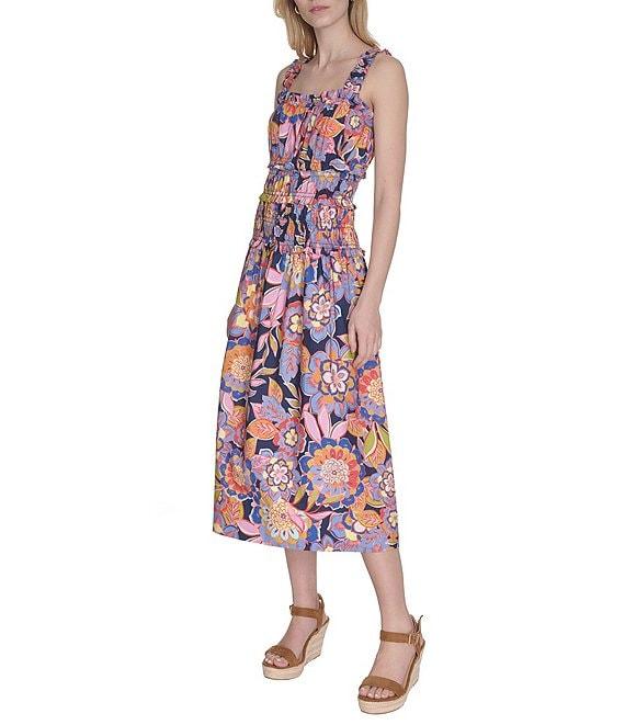 Eliza J Square Neck Sleeveless Smocked Abstract Floral Cotton Poplin Midi Sundress Product Image