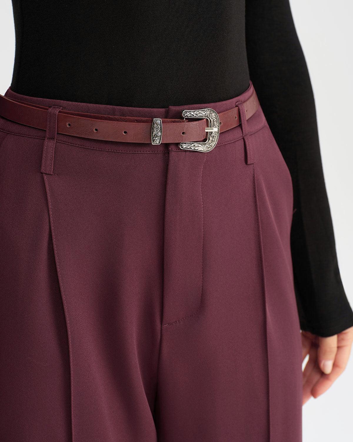Wine Red Natural Waisted Casual Pants Product Image