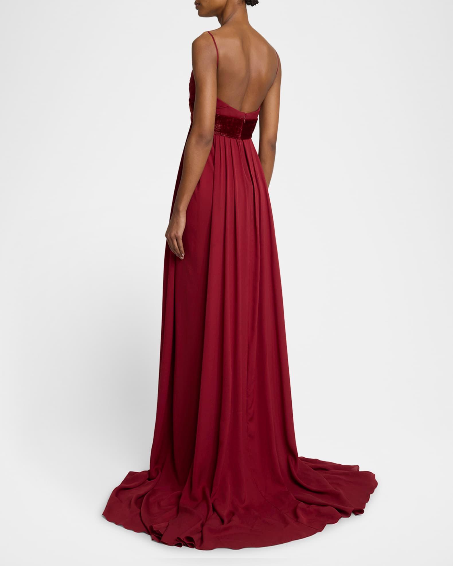 V-Neck Twisted Silk And Velvet Gown Product Image
