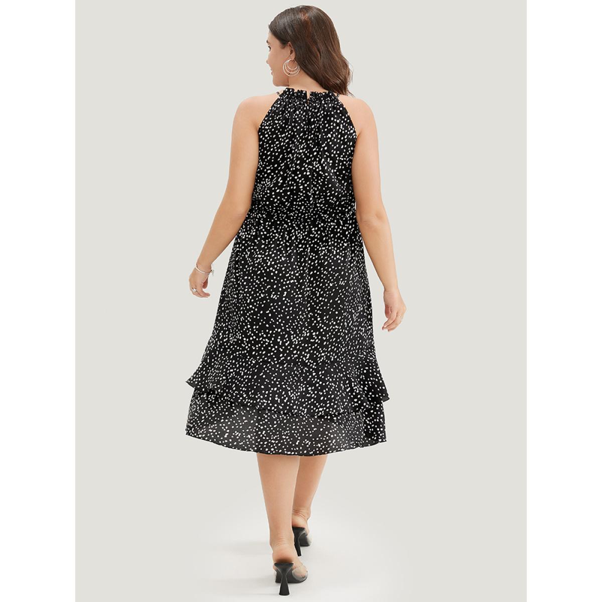 Plus Size Polka Dot Halter Neck Pocket Ruffle Tiered Dress Black Women Elegant Elastic Waist Halter neck Sleeveless Curvy Midi Dress BloomChic 26/4X Product Image