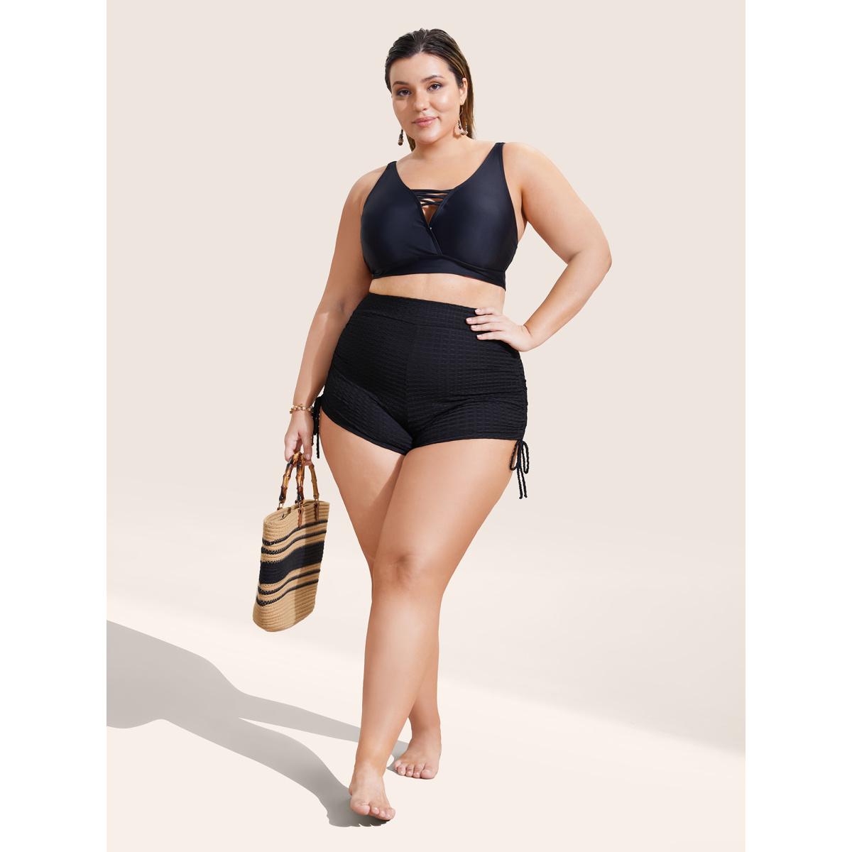Plus Size Plain Gathered Tie Knot High Rise Swim Bottom Women's Swimwear Black Beach Tie knot High stretch Skinny High Rise Curve Swim Bottoms BloomChic 26/4X Product Image