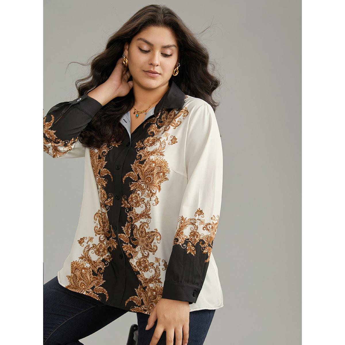 Plus Size Multicolor Boho Print Contrast Shirt Collar Blouse Women Vacation Long Sleeve Shirt collar Vacation Blouses BloomChic 22-24/3X Product Image