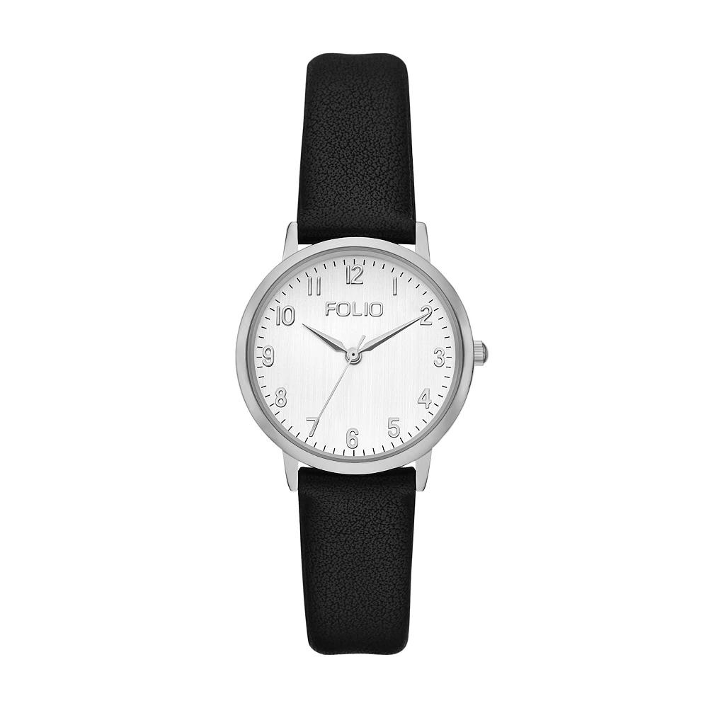 Folio Women's Easy to Read Faux Leather Strap Watch, Black Product Image