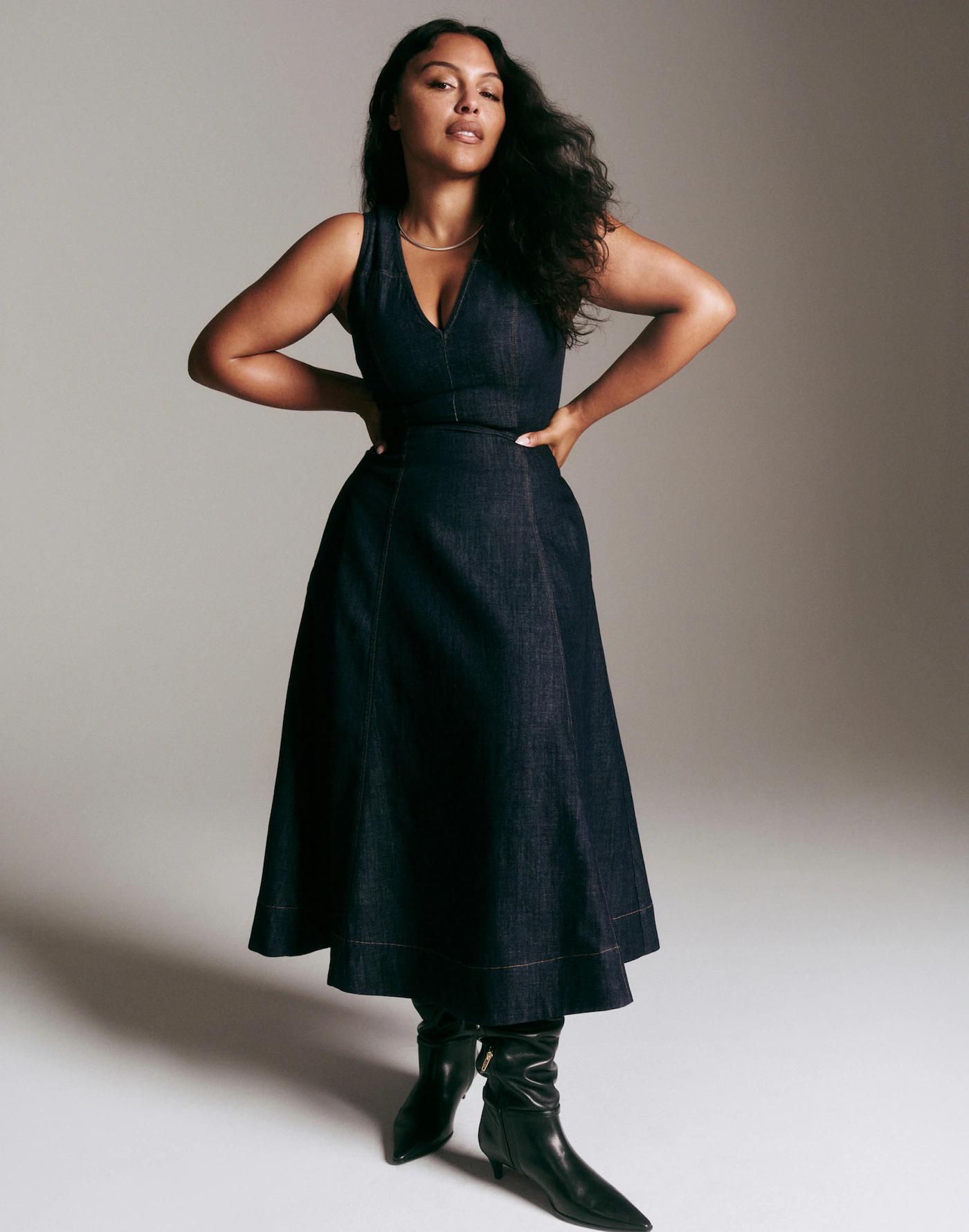 Denim V-Neck Circle Midi Dress Product Image