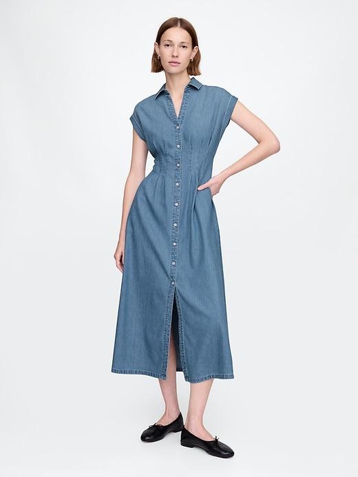 Denim Pleated Maxi Shirtdress Product Image