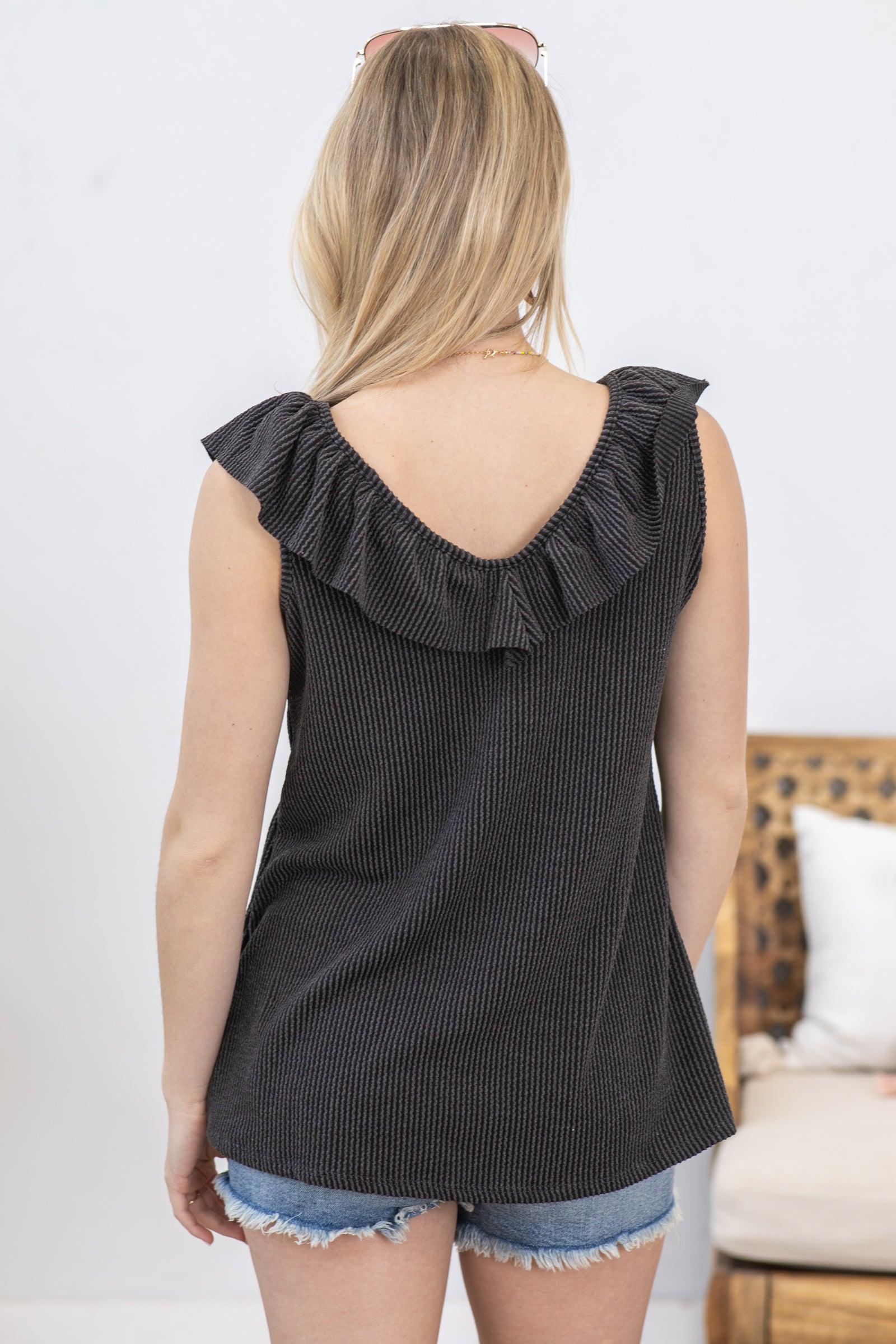Charcoal Ruffled V-Neck Ribbed Knit Tank Product Image