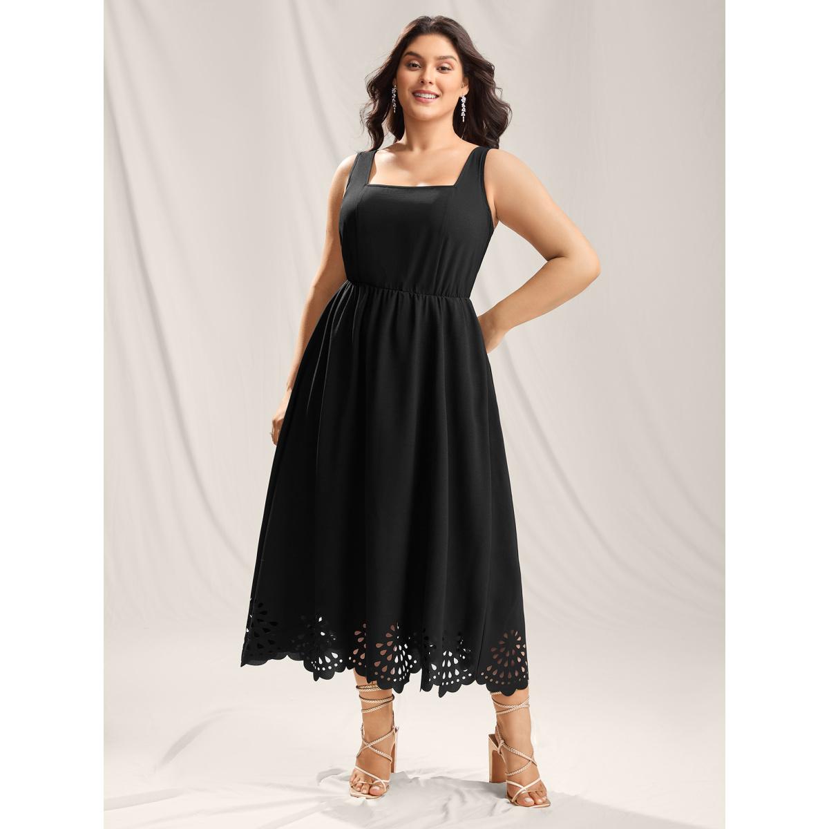 Plus Size Scalloped Laser Cut Pockets Maxi Dress Black Women Square Neck Sleeveless Curvy BloomChic 28/5X Product Image