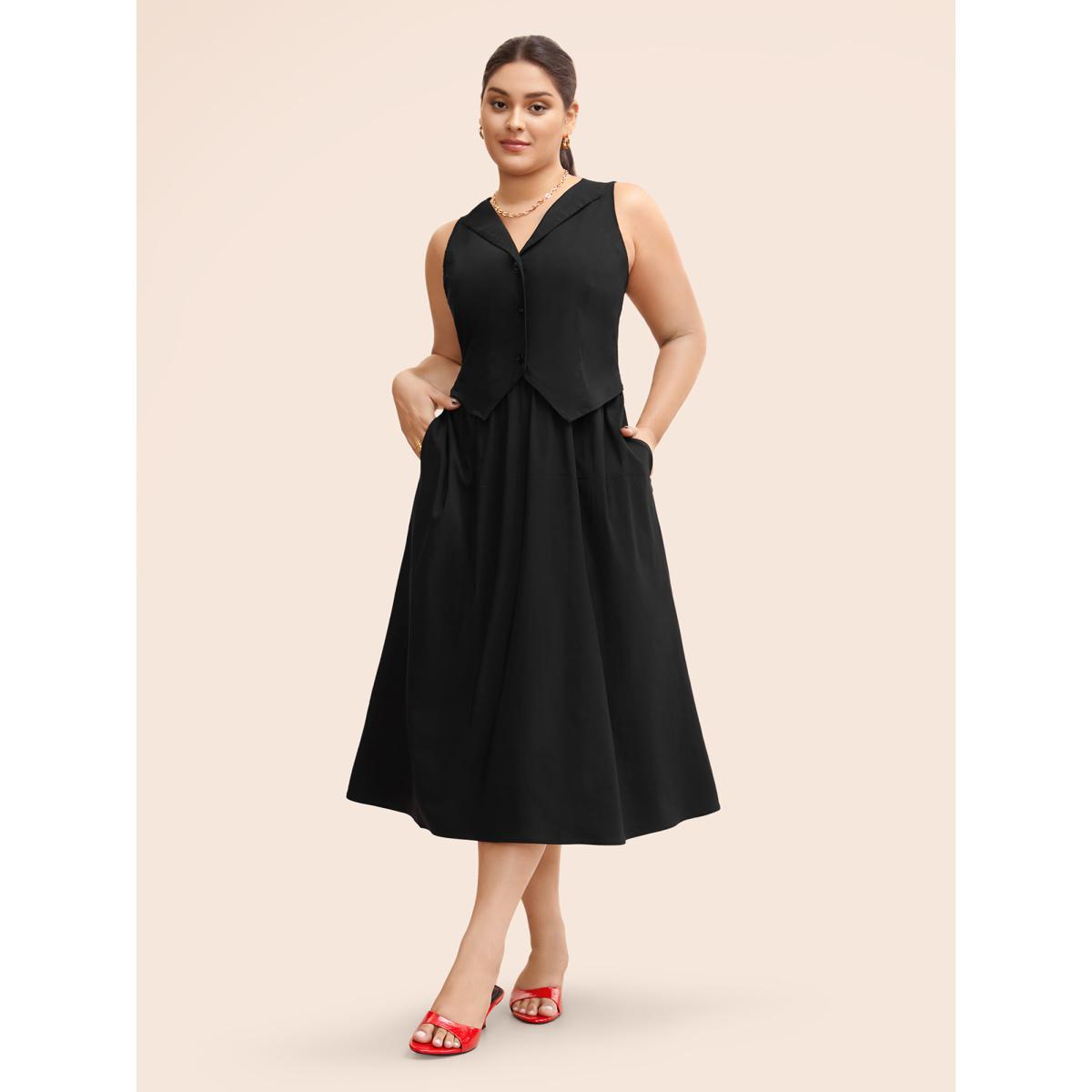 Plus Size Stretch Woven Vest Flare Midi Dress Black Women At the Office Button Suit Collar Sleeveless Curvy BloomChic 10/M Product Image