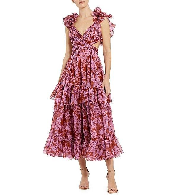 Mac Duggal V-neck Ruffle Shoulder Cut-Out Tiered Midi Dress Product Image