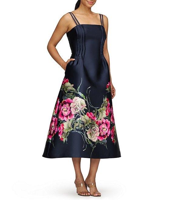 Kay Unger Margot Square Neck Double Strap Floral Placement Print Fit & Flare Mikado Midi Dress Product Image