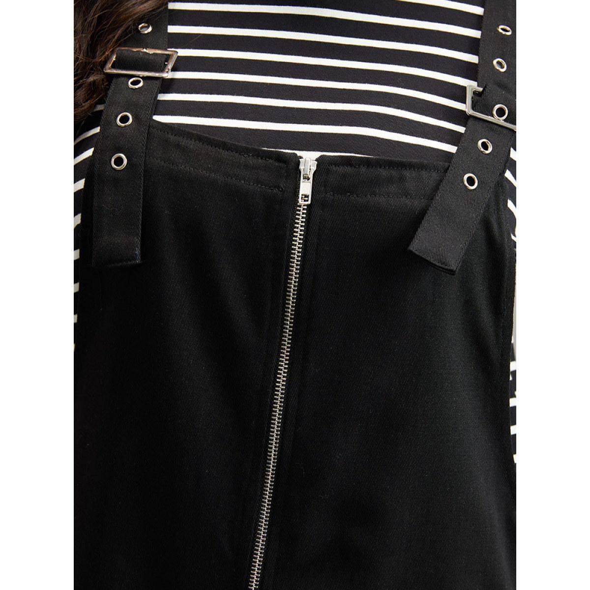 Plus Size Twill Zipper Adjustable Straps Dress Black Women Casual Adjustable Straps Spaghetti Strap Sleeveless Curvy Knee Dress BloomChic 10/M Product Image