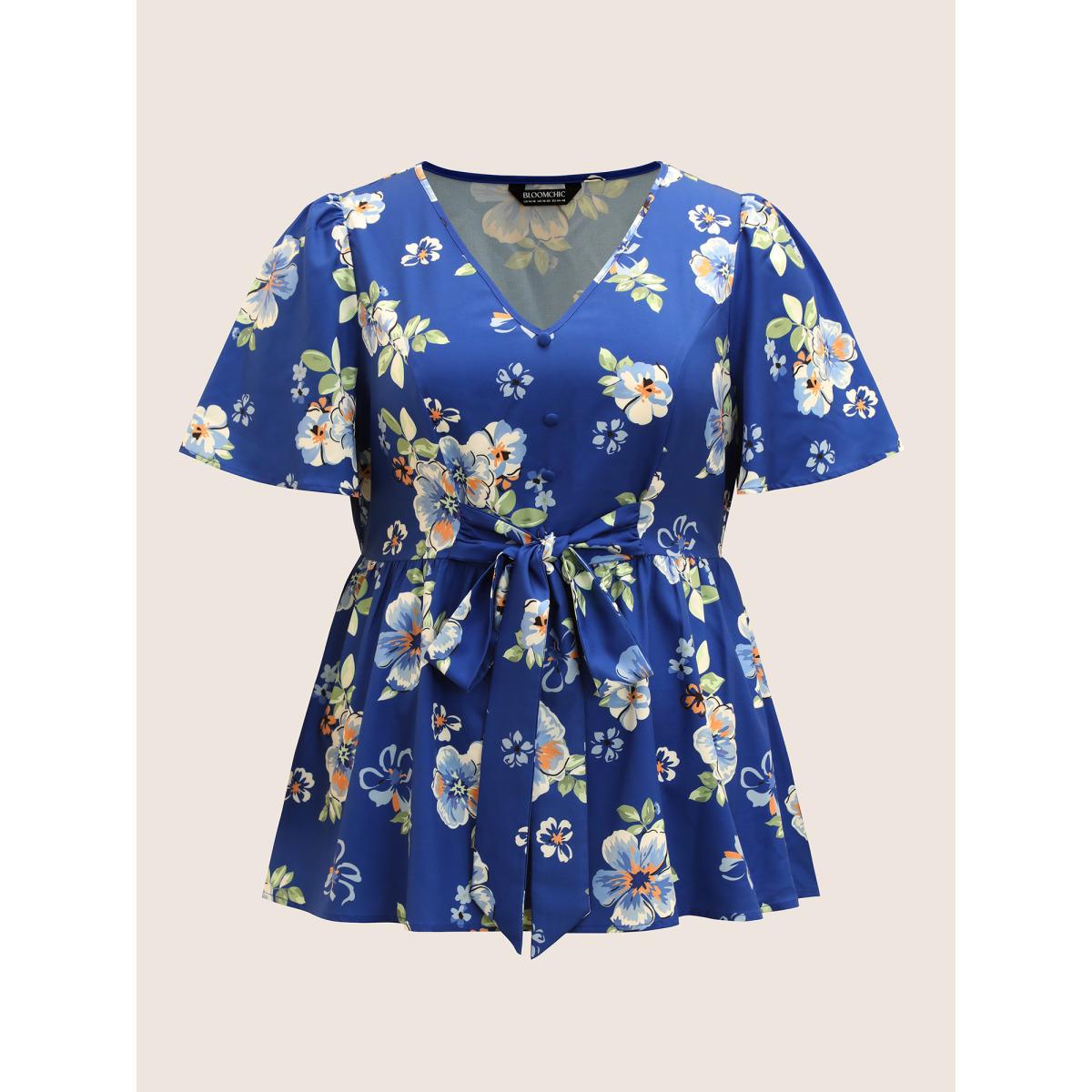 Plus Size Mediumblue Floral Print Ruched Ruffle Sleeve Blouse Women Elegant Short sleeve V-neck Everyday Blouses BloomChic 28/5X Product Image
