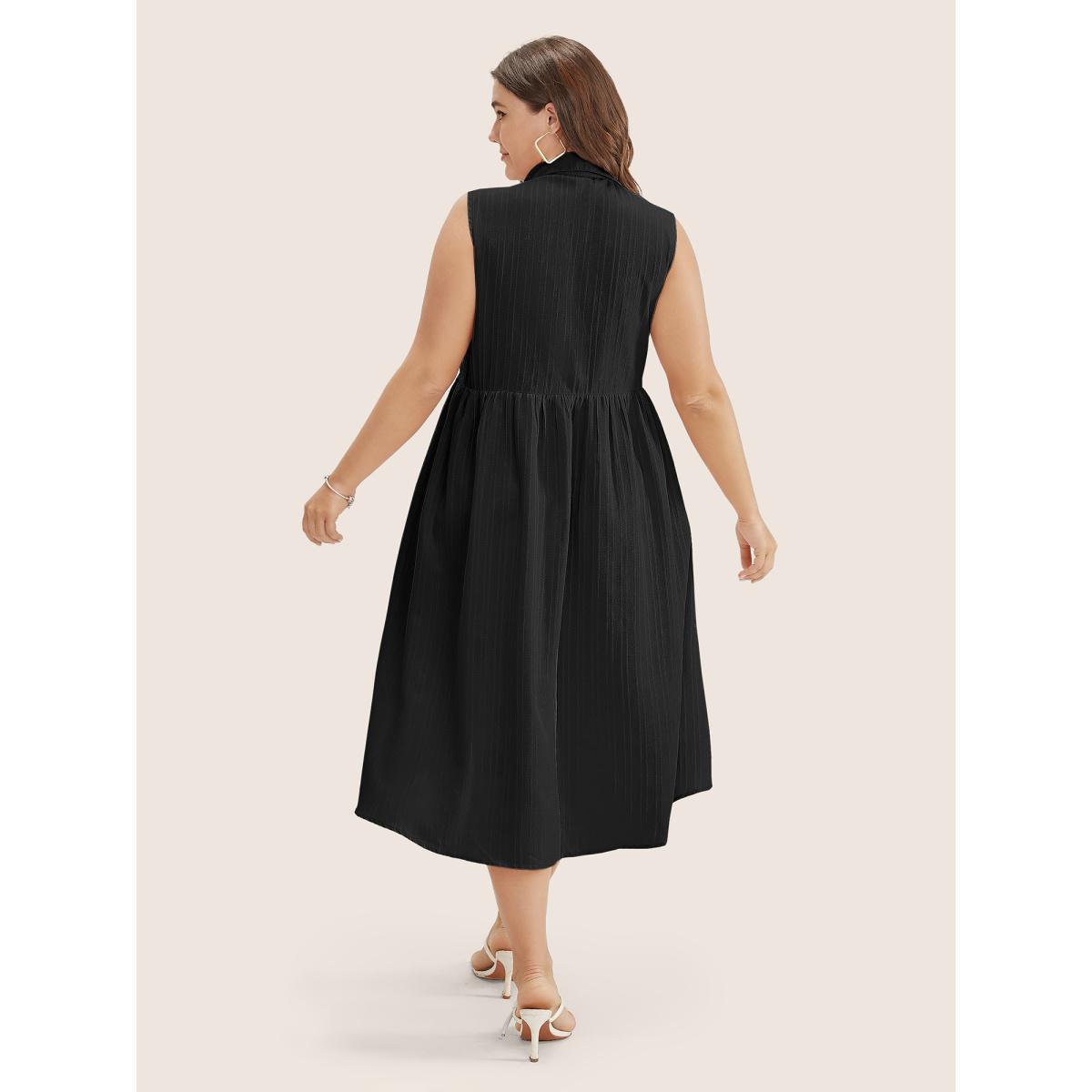 Plus Size Solid Shirt Collar Ruffle Pocket High Low Hem Button Up Dress Black Women At the Office Non Polo Sleeveless Curvy Midi Dress BloomChic 18-20/2X Product Image