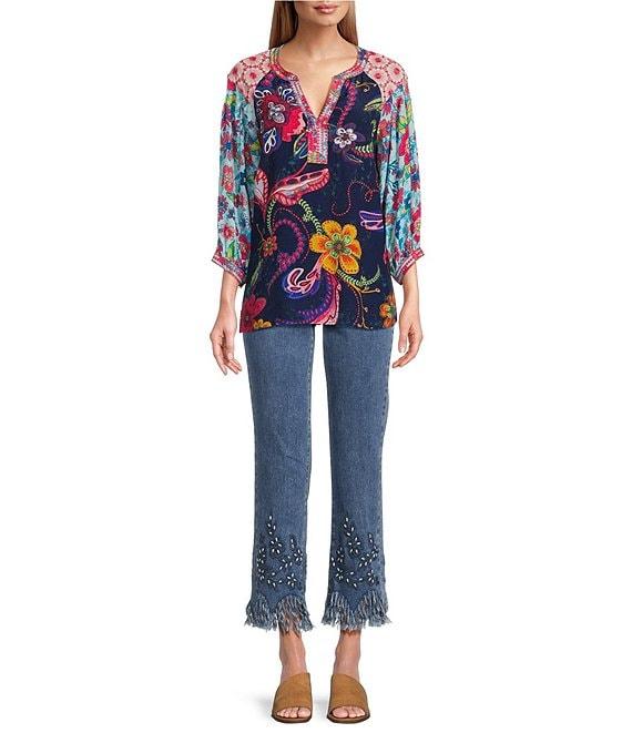 John Mark Embroidered Mixed Floral Print Split V-Neck 3/4 Sleeve Popover Top Product Image