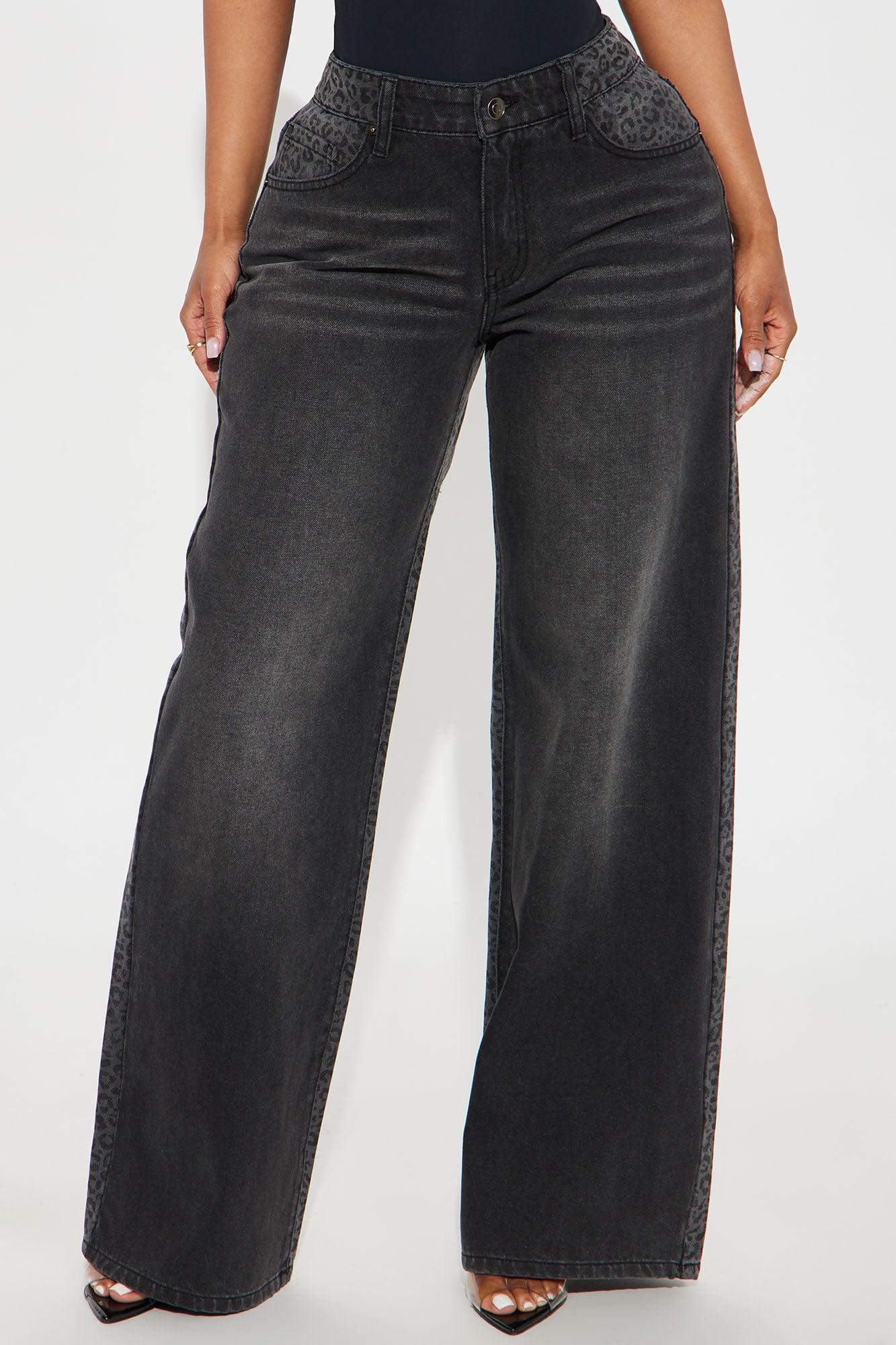 Wild Side Leopard Print Wide Leg Jeans - Black Wash Product Image