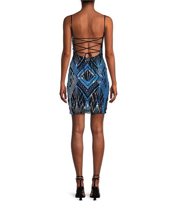 Honey and Rosie Spaghetti Straps Deep V-Neck Sequined Design Dress Product Image