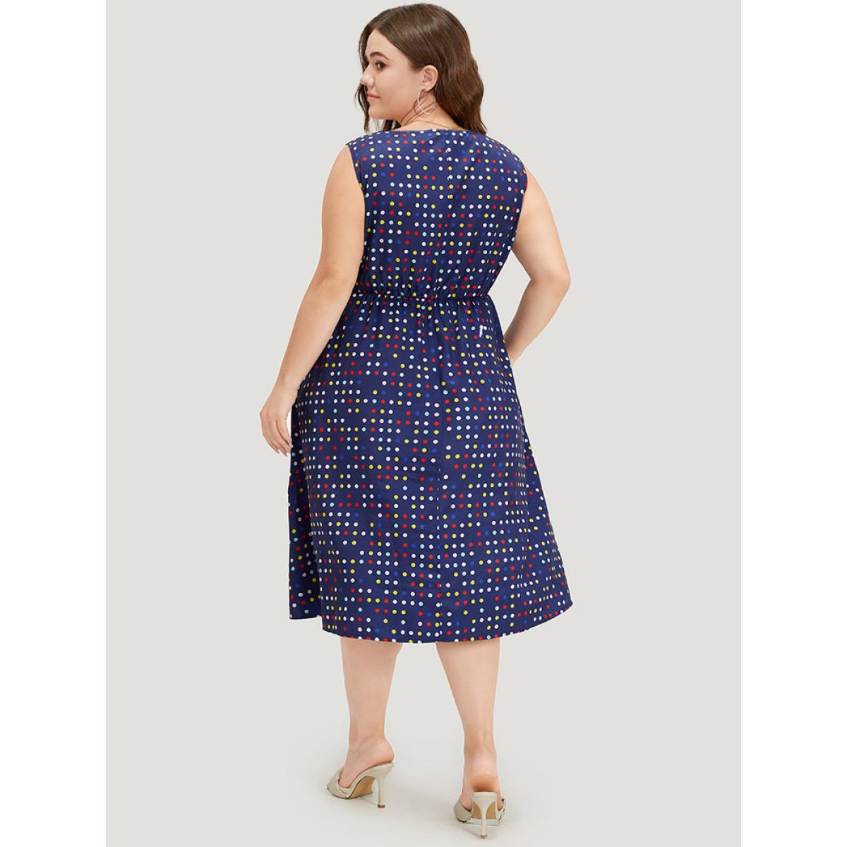Plus Size Polka Dot Ruffle Hem Round Neck Pocket Tank Dress DarkBlue Women Elegant Elastic Waist Round Neck Sleeveless Curvy Midi Dress BloomChic 12/L Product Image