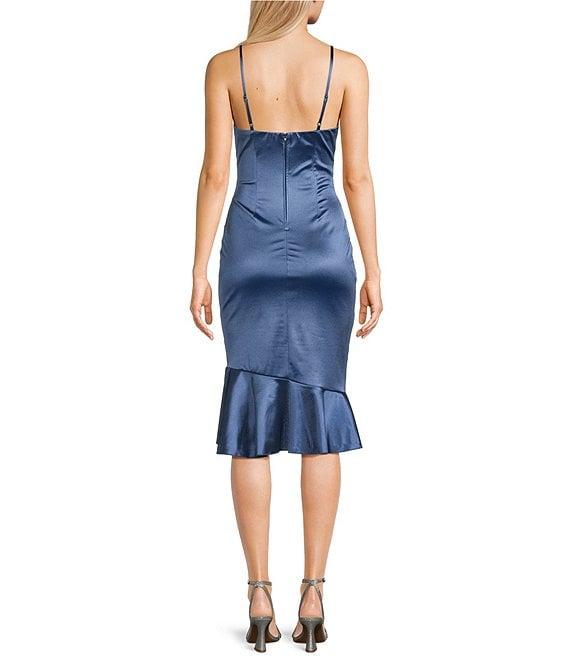 Honey and Rosie Spaghetti Strap V-Neck Faux Wrap Ruffle Hem Satin Midi Dress Product Image