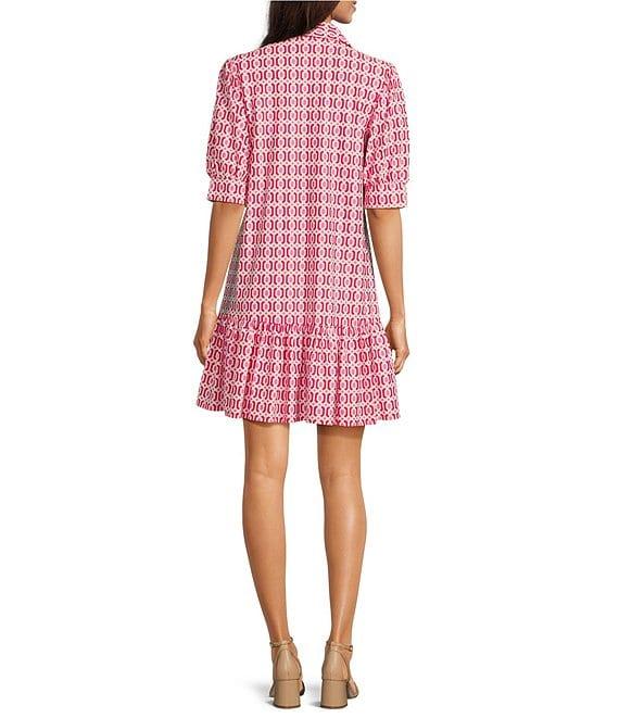 Jude Connally Tierney Terrace Geo Print Knit Point Collar V-Neck Short Puff Sleeve Drop Waist Flounce Hem Dress Product Image