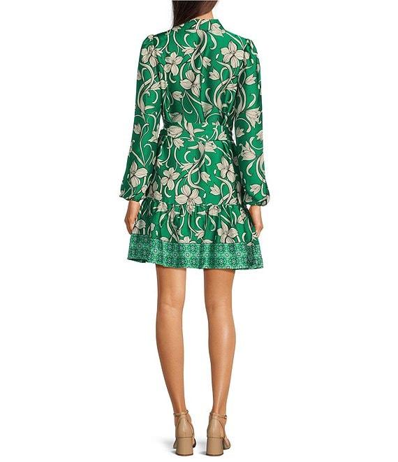 Anne Klein Satin Floral Print Point Collar Neck Long Sleeve Button Front Waist Tie Shirt Mini Dress Product Image
