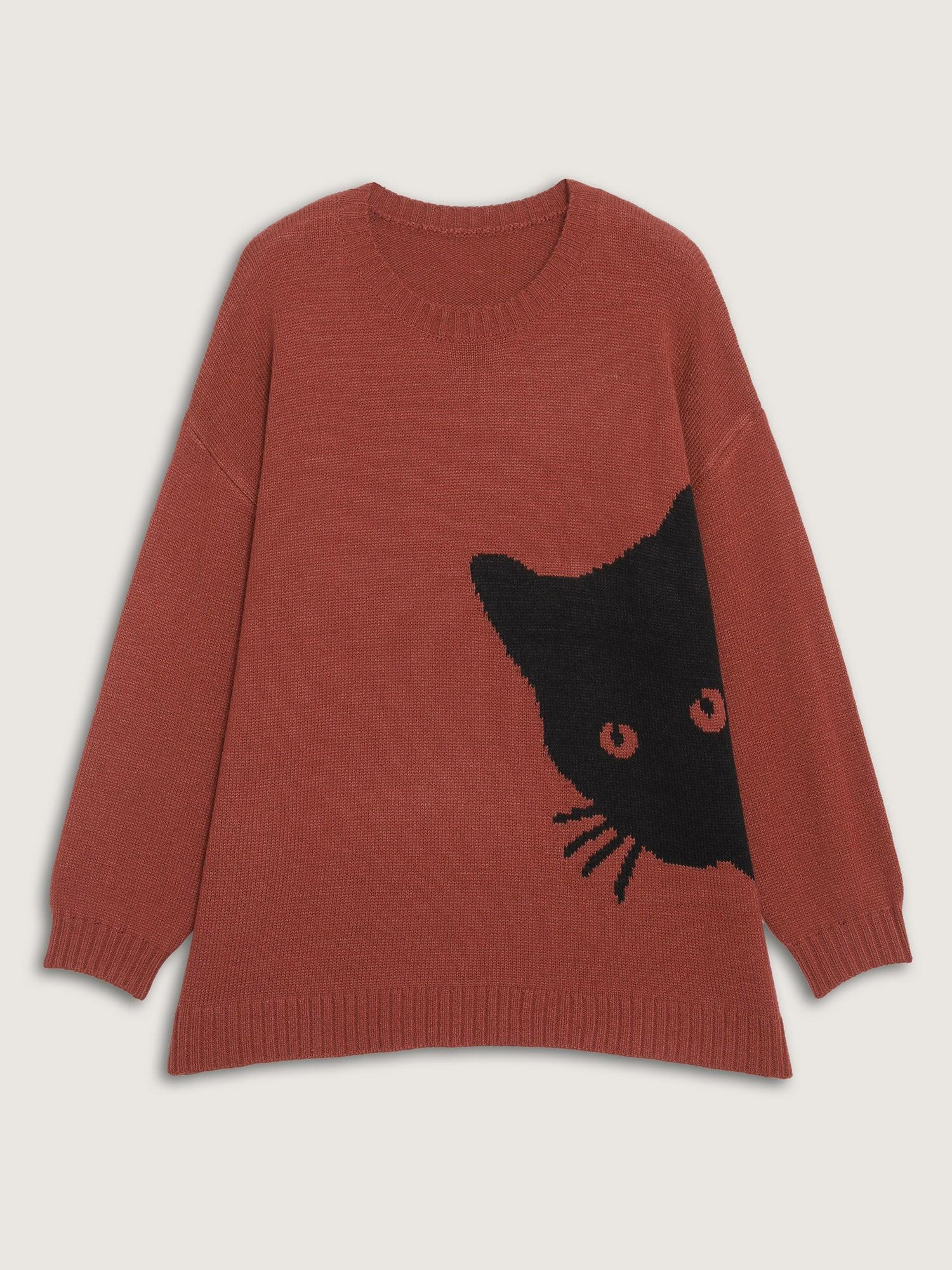 Night Cat Print Crew Neck Pullover Female Product Image