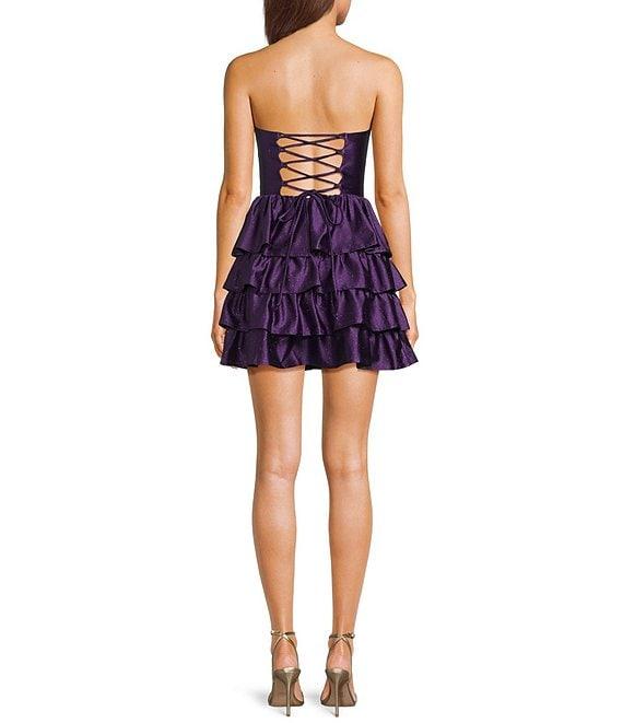 Honey and Rosie Glitter Knit Strapless Tiered Lace Up Tie Back Fit And Flare Dress Product Image