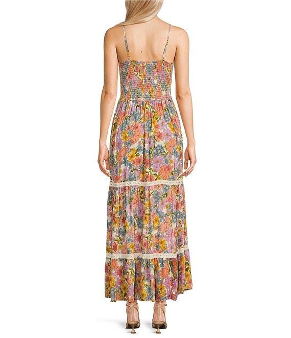 Angie Floral Print V-Neck Sleeveless Knot Front Tiered Crochet Trim Maxi Dress Product Image