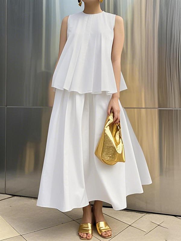 A-Line Loose Pleated Solid Color Round-Neck Vest Top Product Image