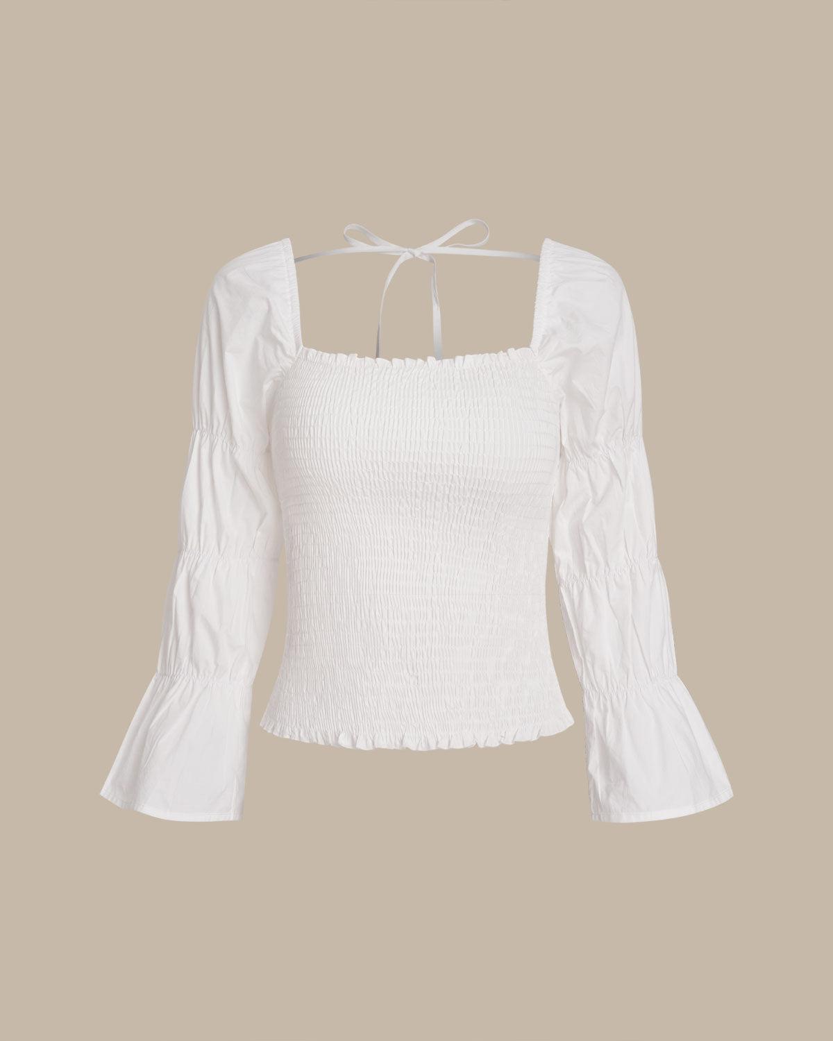 White Square Neck Shirred Blouse Product Image