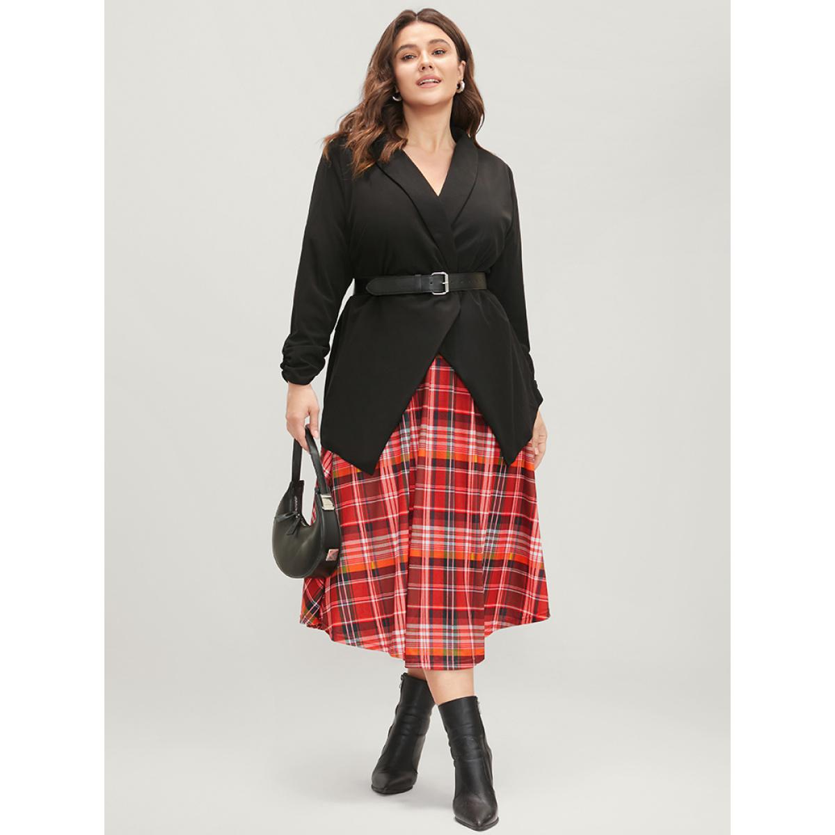 Plus Size Plaid Patchwork Pocket Cable Knit Belted Surplice Neck Dress Black Women Elegant Patchwork V-neck Long Sleeve Curvy Midi Dress BloomChic 30/6X Product Image