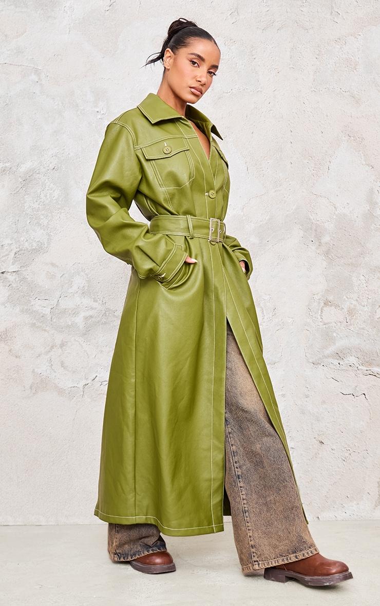 Olive Faux Leather Contrast Stitch Split Hem Trench Coat Product Image