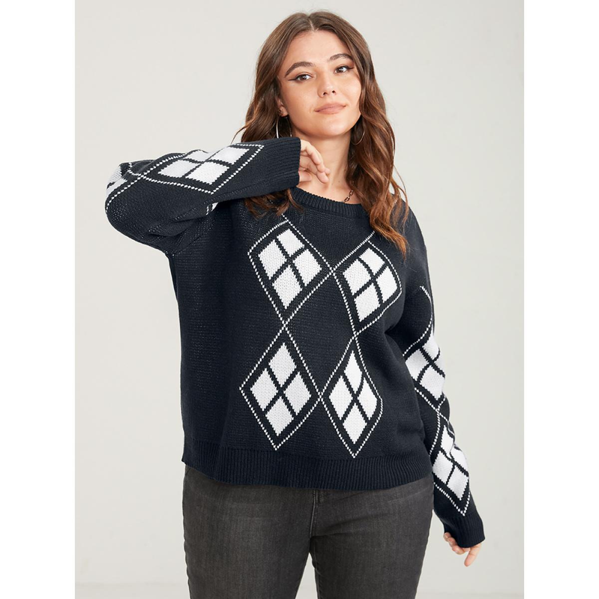 Plus Size Geometric Contrast Pointelle Knit Round Neck Knit Top Black Women Casual Long Sleeve Round Neck Dailywear Pullovers BloomChic 12/L Product Image