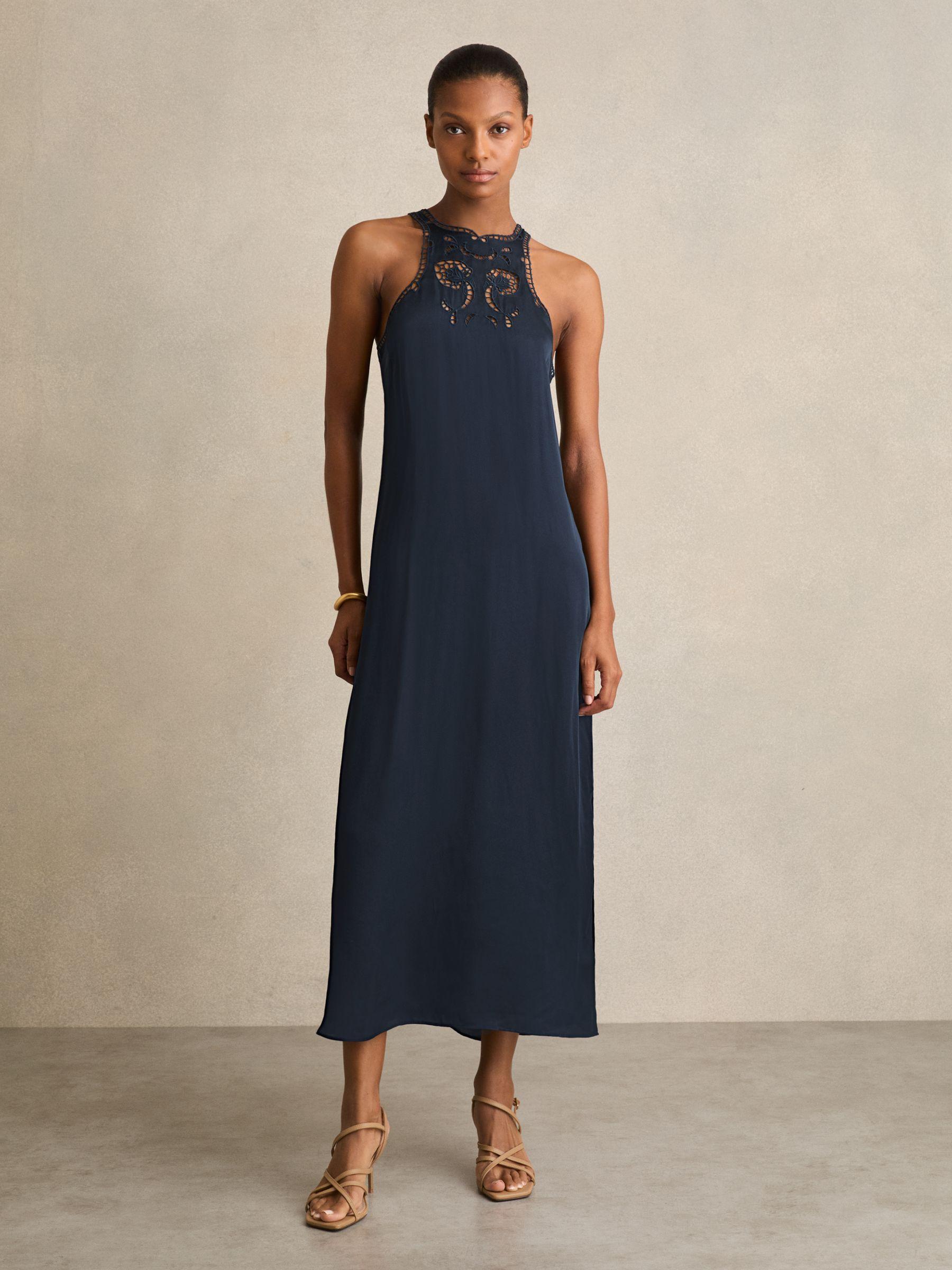 Satin Cut-Out Slip Dress in Navy Product Image