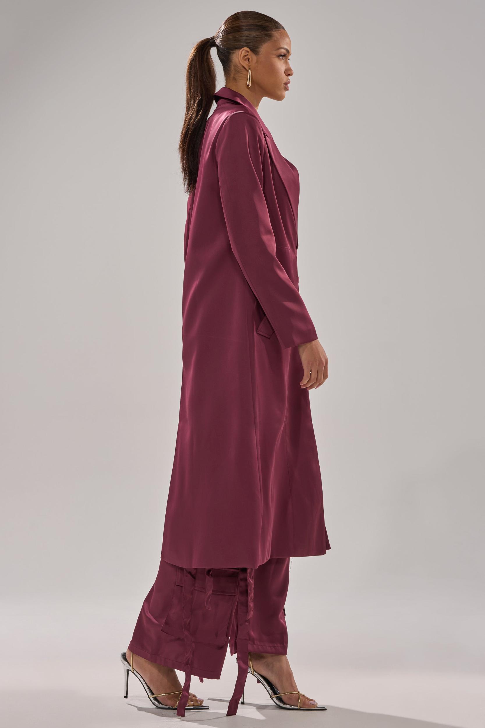 TAKE ME EVERYWHERE SATIN TRENCH IN BURGUNDY Product Image