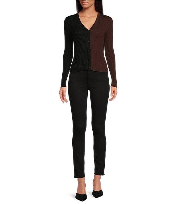 Sugarlips Olivia Mill Color Block Ribbed Knit V-Neck Long Sleeve Button Front Cardigan Product Image