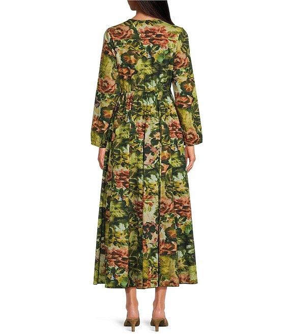 Ro's Garden Angela Woven Floral Print V-Neck Bow Tie Long Sleeve Flounce A-Line Maxi Dress Product Image