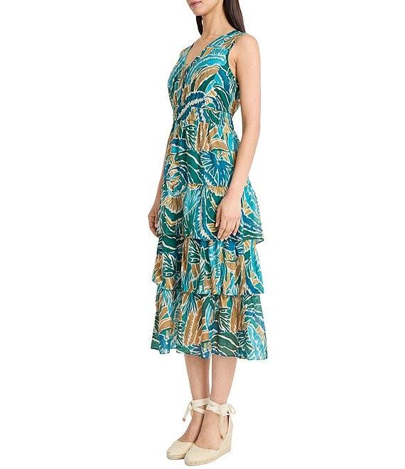 The Good Journey V-Neck Sleeveless Abstract Tropical Print Voile Tiered Voile A-Line Midi Dress Product Image
