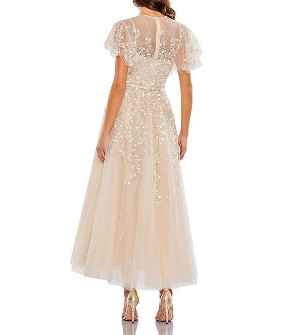Mac Duggal Short Floral Sleeve Crew Neckline Bow Waist Tulle A-Line Dress Product Image