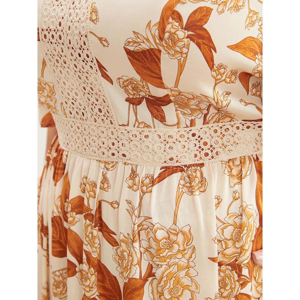 Plus Size Floral Printed Crochet Lace Pocket Flutter Maxi Dress Chocolate Women Elegant Gathered V-neck Half Sleeve Curvy Long Dress BloomChic 30/6X Product Image