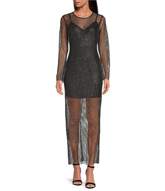 Gianni Bini Amora Rhinestone Crochet Sheer illusion Crew Neck Long Sleeve Sheath Midi Dress Product Image