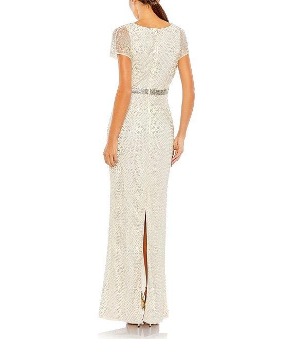 Mac Duggal Surplice V-neck Short Sleeve Beaded Column Gown Product Image
